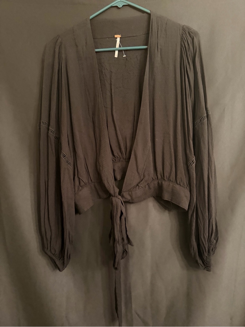 Free People Black Tie-Front Peasant Blouse Size S